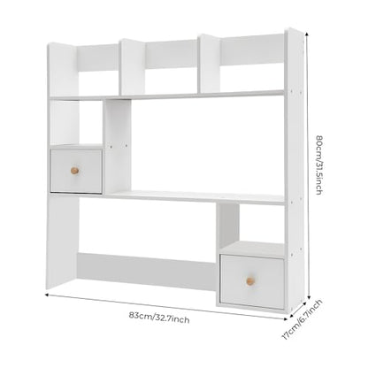Desktop Bookshelf, 31.5" Tall Countertop Storage Hutch with 7 Compartment and 2 Drawer, Desk 3-Tier Display Rack, Multipurpose Wood Desktop Hutch Storage Organizer for Dorm Office Home (White)