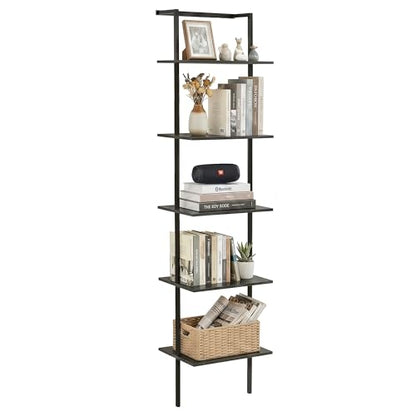 5-Tier Wall Mounted Ladder Shelf, Black, 64.7" H - color: Black, size: 5 Tier