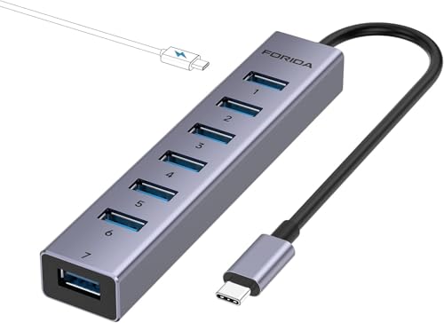USB C Hub-8 Port USB HUB with 7 USB3.0 Data Ports,Aluminum Alloy USBC Splitter with Type C 5V/3A Power Port Compatible with MacBook, iPad, Surface Pro, XPS, Laptop,PC (Gray,USB C-9.8in) - color: 9.84in Gray, size: USB C