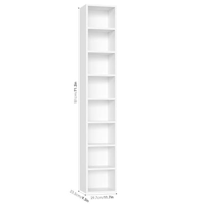 FOTOSOK Bookshelf Bookcase 8-Tier Narrow Bookshelf Tall CD Media Tower Rack | 11.6 X 9.3 X 70.9 White Bookshelf, Tall Narrow Slim Skinny Display Bookcase with Cube Storage and 4 Adjustable Shelves - color: White