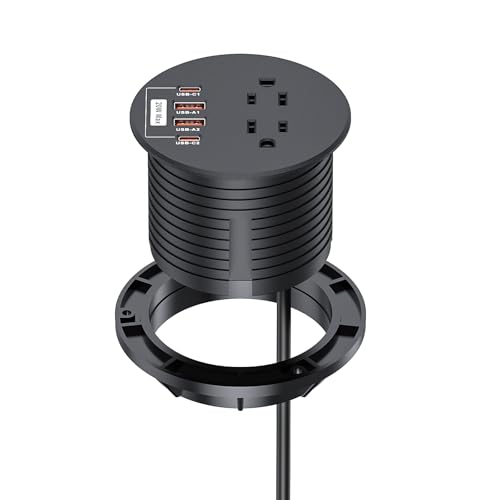 3 Inch Desk Power Grommet, 20W USB C 2 AC Outlets for Home&Office | 3'' Desk Hole,4 USB Ports,Fast Charging,6.6 ft Extension Cord,Black - color: Black