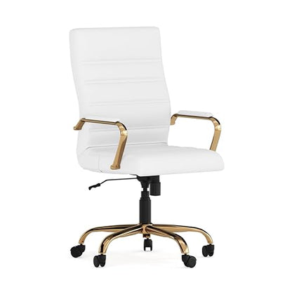 Flash Furniture High Back White LeatherSoft Executive Swivel Office Chair with Gold Frame and Arms - color: White Leathersoft/Gold Frame