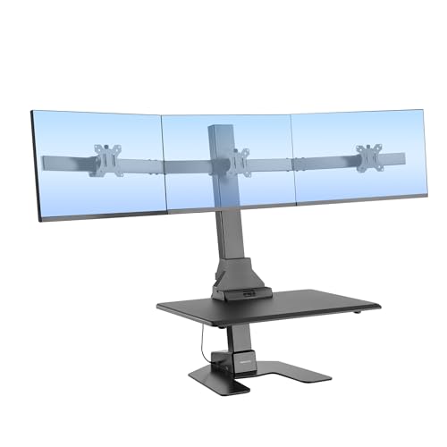 Mount-It! Triple Monitor Electric Standing Desk Converter - 3 Screens Stand Up Desk Riser - Height Adjustable Desktop & 3 Mounts for Screens up to 32", Sit-Stand Convertor for Home, Office, School - color: Black, size: Triple Monitor
