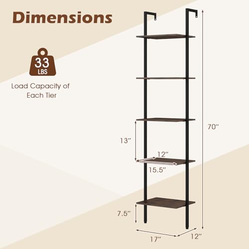 GIANTEX 5 Tier Ladder Shelf, Wall Mount Bookshelf with Anti-Tipping Kits & Metal Frame, Industrial Decorative Bookcase, Vertical Open Storage Display Shelf for Living Room Bedroom Home Office (1)