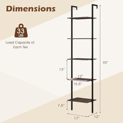 GIANTEX 5 Tier Ladder Shelf, Wall Mount Bookshelf with Anti-Tipping Kits & Metal Frame, Industrial Decorative Bookcase, Vertical Open Storage Display Shelf for Living Room Bedroom Home Office (1)
