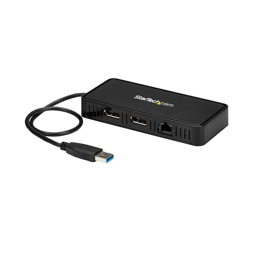 StarTech USB-A DisplayLink Dual 4K 60Hz DP Mini Dock, GbE, TAA (USBA2DPGB) | USB 3.0 mini docking station, DisplayLink, Gigabit Ethernet port, 1ft 30cm cable, Laptop adapter, Portable