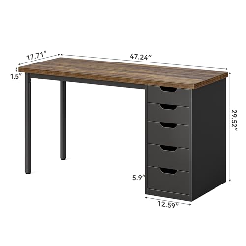 LITTLE TREE Computer Desk with 5 Drawers, 47 Inch Modern Simple Study Writing Desk with Metal Frame, Work Desk for Home Office, Rustic Brown and Black - color: Rustic Brown and Black