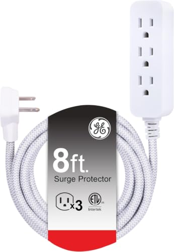 GE 3-Outlet Power Strip Surge Protector 8 Ft Braided Extension Cord with Multiple Outlets Grounded Flat Plug ETL Listed White 38433,(Pack of 12) - size: 8 Ft (Pack of 12)
