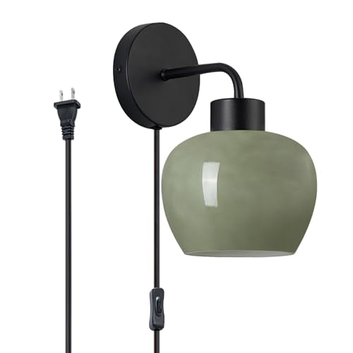 Modern Wall Sconces, Olive Green Milk Glass, Matte Black Finish | Plug-in Wall Lamp, Industrial Boho Lighting, For Bedroom, For Living Room - color: Matte Black+Glass Lampshade