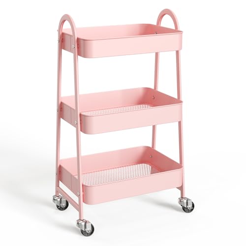 NEWBULIG 3-Tier Metal Rolling Cart with Lockable Wheels, Heavy Duty Mobile Utility Storage Shelf, Roller Book Snack Cart, Organization for Livingroom, Bathroom, Office, Pink - color: Pink, size: 3 Tier