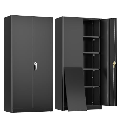 Greenvelly Metal Garage Storage Cabinet, 72'' Tall Storage Cabinet with 2 Doors and 4 Adjustable Shelves, Steel Lockable Tool Cabinets for Home Office, Garage, Basement, School (Black) - color: Black, size: 72 Inch - Large