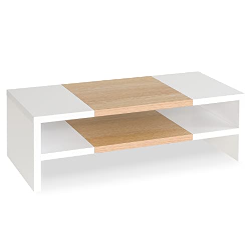 TEAMIX 20 inch Monitor Riser Stand - 2 Tiers, Wood Morden Desktop Bookshelf - color: White+Maple, size: 20 x 9.5 x 6.7 inches