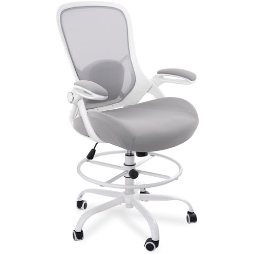 HYLONE 400lbs Heavy Duty Drafting Chair 5" Thickened Seat Office Chair with Flip-Up Armrests Tall Ergonomic Computer Chair with Lumbar Support and Adjustable Footrest Ring Standing Desk Chair (Grey) - color: Grey