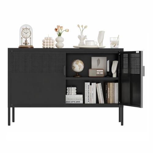 Metal Storage Cabinet,2 Door TV Stand, Metal Mesh Accent Cabinet | Magnetic Door Closure,Low Storage Cabinets with Doors and Shelf for Home,Office,Living Room - color: Black, size: 25"H