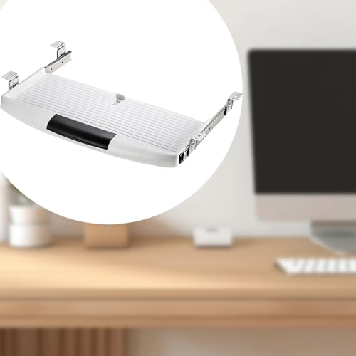 Keyboard Tray Under Desk Sliding Keyboard Drawer Tray Pull Out Silent Slide Rail Computer Drawer for Home Office Workstations, White