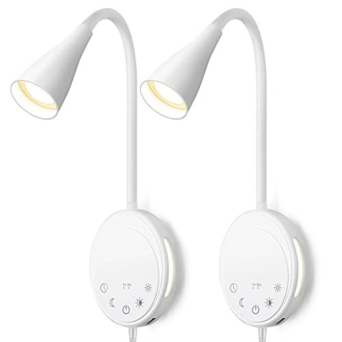 SANKEDOU LED Wall Mount Reading Light, Bedside Reading Lights with Touch Control, 5 Dimmable, USB Output, Night Light & Timers, Flexible Gooseneck Headboard Bed Lights wall Sconce (White-2P) - color: White-2P