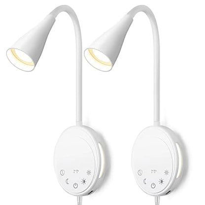 SANKEDOU LED Wall Mount Reading Light, Bedside Reading Lights with Touch Control, 5 Dimmable, USB Output, Night Light & Timers, Flexible Gooseneck Headboard Bed Lights wall Sconce (White-2P) - color: White-2P