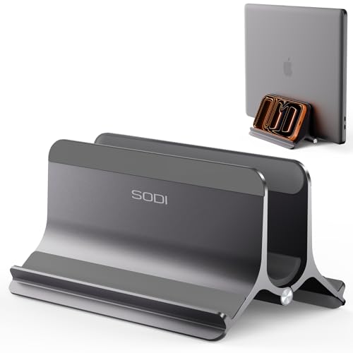 SODI Vertical Laptop Stand for Desk, Aluminum Laptop Holder Compatible with MacBook Pro, MacBook Air Stand Up to 17 inch, Gravity Auto-Lock Cooling, 3in1 Space Saving Desk Organizer Accessories, Gray - color: Gray