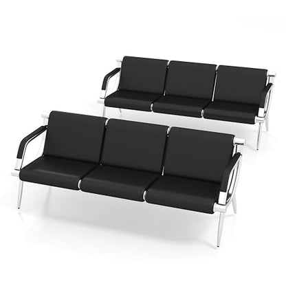 Kinsuite 2pcs 3-Seat Office Reception Waiting Room Chairs - Guest & Reception Chairs for Salon Barber Bench Airport Bank Hall Visitor Guest Black PU Leather Office Sofa, Black - size: 3-seat*2