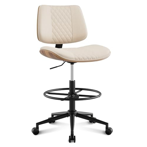 Drafting Chair with Adjustable Footrest, Rolling Walnut Stool, Beige - color: Beige