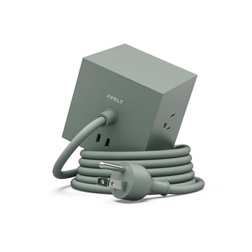 Avolt Square 1 Desk Power Strip Cube, 3 AC Outlets, Magnet Extension Cord | Desk outlet cube with magnet and adhesive mount. USB-C charging power strip for home office, workspace and bedside tables - color: Oak Green, size: USB C - 5.9ft