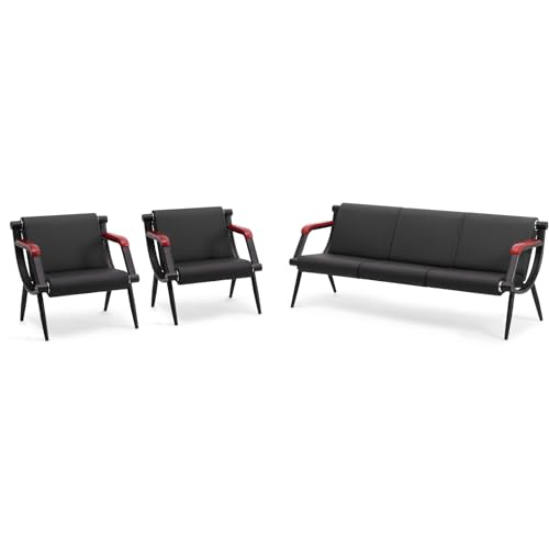 wonline Office Waiting Room Chair Bench Set, Black Office Reception Guest Chair with Arms Matching Lobby Bench for Clinic, Hospital, Airport, Salon, Bank, Barber Waiting Furniture - color: Black, size: 2pcs*1-seat & 3-seat