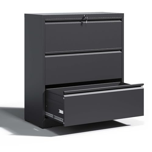 3 Drawer Lateral File Cabinet with Lock,Black Home Office Cabinet | Heavy Duty Large Steel Filing Cabinets Wide Storage Cabinet for Legal/Letter Size File,Assembly Required - size: Lateral-3 drawers