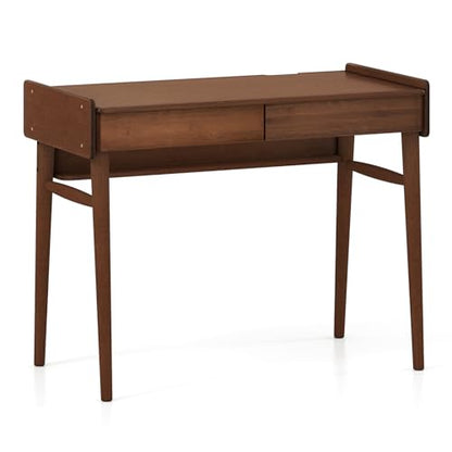 Tangkula Bamboo Mid Century Desk with 2 Storage Drawers, Home Office Study Writing Desk with Shelf & Cable Management Groove, Home Office Desk for Working & Learning (Brown) - color: Brown