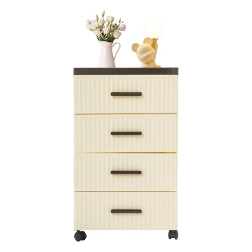 4 Tier Storage Cabinet With Wheels, PP Drawer Organizer Unit, Rolling Slim Storage Cart, Modern Nightstand, 2 Brakes, 22.4in, for Bedroom, Kitchen, Bathroom, Living Room (Creamy Yellow, Brown)