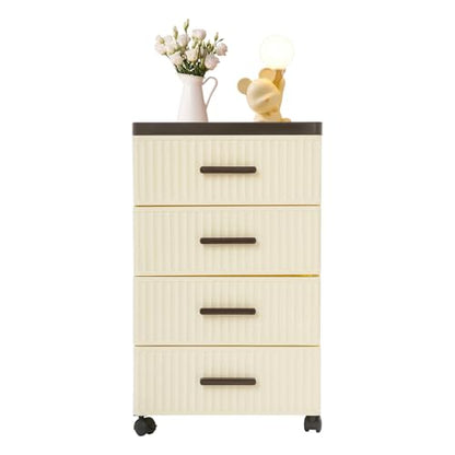 4 Tier Storage Cabinet With Wheels, PP Drawer Organizer Unit, Rolling Slim Storage Cart, Modern Nightstand, 2 Brakes, 22.4in, for Bedroom, Kitchen, Bathroom, Living Room (Creamy Yellow, Brown)