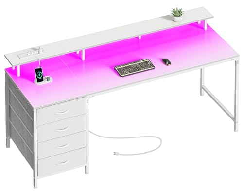 Huuger 63 Inch Computer Desk with Power Outlets and LED Lights, Gaming Desk with 4 Drawers, Office Desk with Monitor Stand, Study Work Desk for Home Office, White - color: White, size: 63 INCH