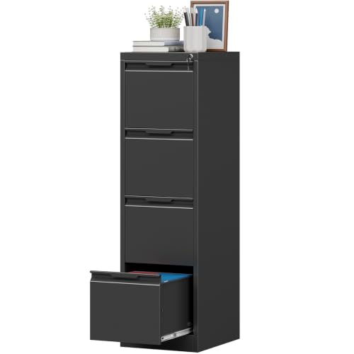 4 Drawer File Cabinet with Lock,Metal Vertical Filing Cabinets for Home Office,Heavy Duty File Storage Cabinet for Letter/Legal/A4/F4 Size File,Easy to Assemble,Black - color: Black, size: 4 Drawer-15"W