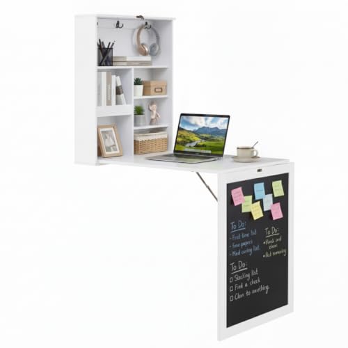 Tangkula Foldable Wall-Mounted Desk, Floating Desk with Chalkboard, Storage Shelves & Hooks, Space-Saving Murphy Table for Home Office, Bedroom, Dorm Room, Small Spaces - color: White