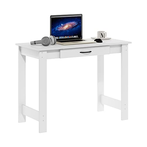Furinno Jaya Writing Desk with Drawer, White | Computer Desk with H-legs, Writing Desk, Office Desk for Home Office, Study Room, Dorm, Bedroom - color: White, size: 39 inches