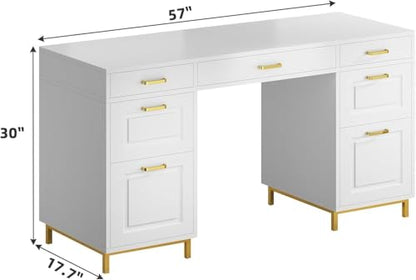 MaverickFurni 57" White and Gold Desk with 7 Drawers | Home Office Desk with 2 File Drawers, White Computer Desk with Specious Workspace for Work Writing Study - color: White