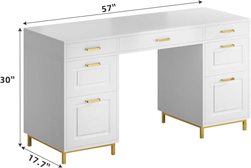 MaverickFurni 57" White and Gold Desk with 7 Drawers | Home Office Desk with 2 File Drawers, White Computer Desk with Specious Workspace for Work Writing Study - color: White