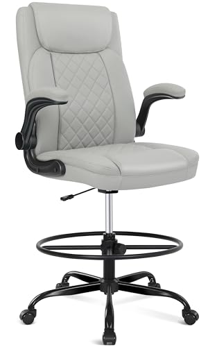 Misolant Drafting Chair, Tall Office Chair for Standing Desk, Standing Chair with Adjustable Height and Flip-up Armrest, Leather Drafting Chair, High Office Chair for Counter Height Desk - color: Grey
