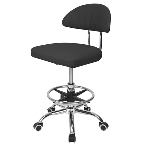 Ergonomic Drafting Stool for Home Office, Height Adjustable Swivel Seat with Backrest and Foot Rest, 360 Degree Rolling Computer Chair, Heavy Duty Metal Base, 220lbs Capacity, Black Black - color: Black