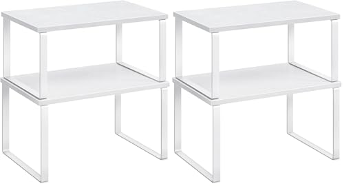 SONGMICS Cabinet Organizer Shelf, Set of 2 Kitchen Counter Shelves, Kitchen Storage, Spice Rack, Stackable, Expandable, Metal and Engineered Wood, Cloud White and Snow White UKCS02W01 (Pack of 2) - color: Cloud White + Snow White, size: 11.7"w (Pack of 2)