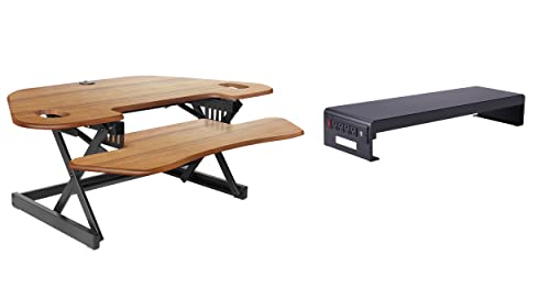 Rocelco 46" Height Adjustable Corner Standing Desk Converter with Dual Monitor Stand Bundle - Sit Stand Up Computer Workstation Riser - Extra Large Keyboard Tray - Teak Wood Grain (R CADRT-46-DMS) - color: Teak/Black, style: Riser + Monitor Stand