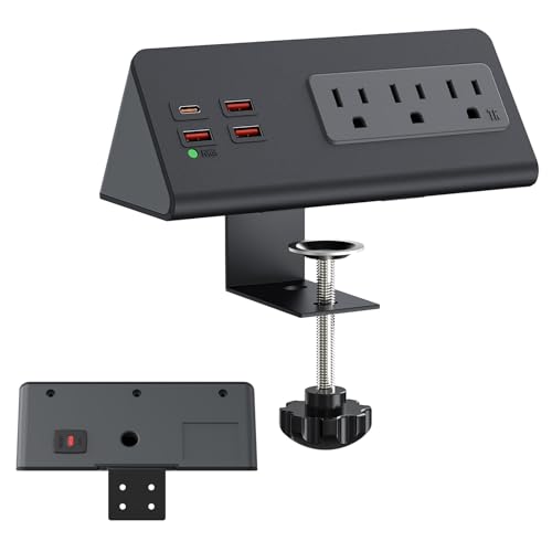Desk Clamp Power Strip 3 AC 4 USB PD 20W USB-C for Nightstand&Office Tables | Nightstand Charging Station,Tamper-Resistant，Surge Protector，6.6 FT flat plug