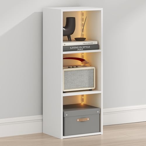 Furinno LUDER Book Shelf with LED Lights, 3-Cube Bookshelf, Bookcase, 9.3 x 12 x 31.5, for Home Office, Living Room, Study Room, White - color: White, size: 3-Cube LED