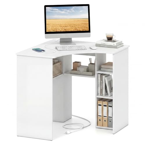 Tangkula Compact Corner Desk, Space Saving Study Table, White - color: White, size: 32"D x 32"W x 29.5"H