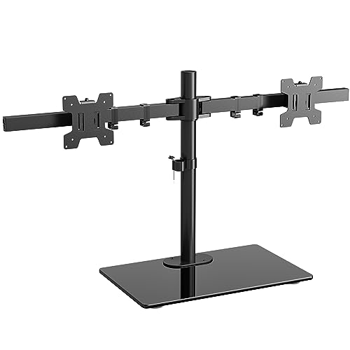 WALI Free Standing Dual Monitor Stand, Height Adjustable Monitor Mount with Glass Base, Fits LCD LED Flat Curved Screen up to 27 inch, 22lbs, with Grommet Base (GMF002) - color: Black (Glass Free Stand), size: Dual
