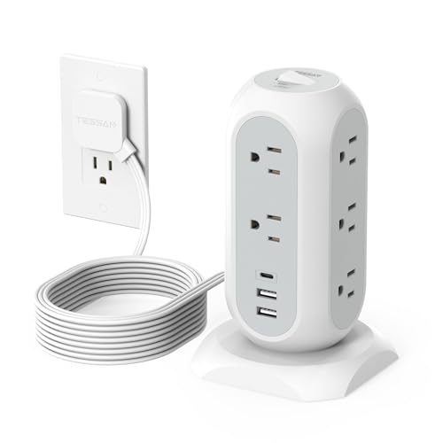 TESSAN Tower Power Strip Flat Plug with 1050J Surge Protection, 10 Ft, Grey | 11 Outlets 3 USB (1 USB C), Surge Protector Power Tower, Extension Cord with Multiple Outlets, Dorm, Office Desk Supplies - color: White, size: 10 Feet
