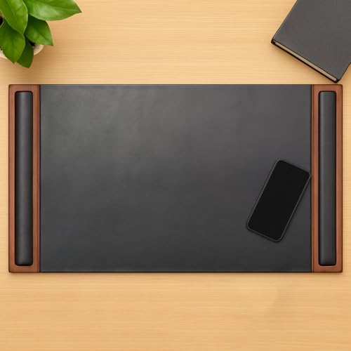Walnut & Black Leather 34" x 20" Side-Rail Desk Pad - color: Walnut & Black, size: 34" x 20"