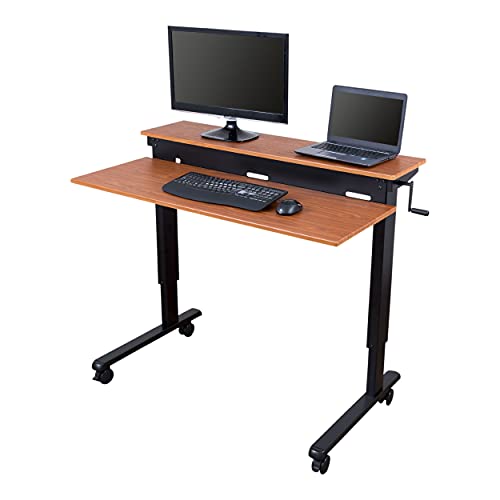 Stand Up Desk Store Crank Adjustable Two Tier Standing Desk with Heavy Duty Steel Frame (Black Frame/Teak Top, 48" Wide) - color: Black Frame/Teak Top, size: 48 Inches