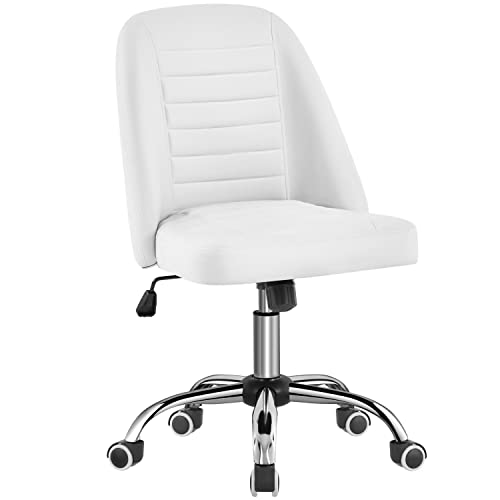 Yaheetech White Faux Leather Armless Vanity Desk Chair, Adjustable Swivel | Compact faux leather seat fits small vanity, sewing or office desks; adjustable height, swivels on smooth wheels, fast setup. - color: White