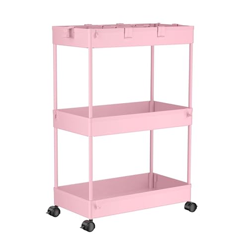 SPACELEAD 3 Tier Rolling Cart with Wheels, Storage Craft Art Trolley Organizer Serving, 3 Hanging Baskets Easy Assembly, for Office, Living Room, Kitchen, Pink - color: Pink