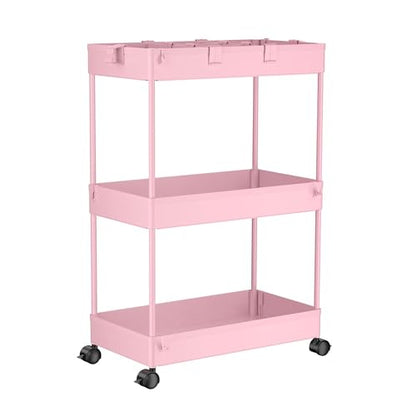 SPACELEAD 3 Tier Rolling Cart with Wheels, Storage Craft Art Trolley Organizer Serving, 3 Hanging Baskets Easy Assembly, for Office, Living Room, Kitchen, Pink - color: Pink